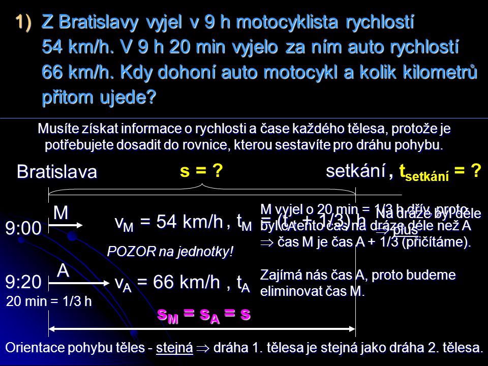1) Z Bratislavy vyjel v 9 h motocyklista rychlostí 54 km/h