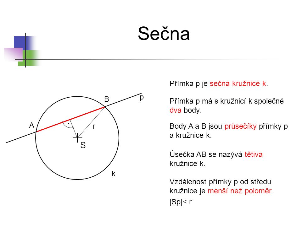 Sečna . S Přímka p je sečna kružnice k. p B