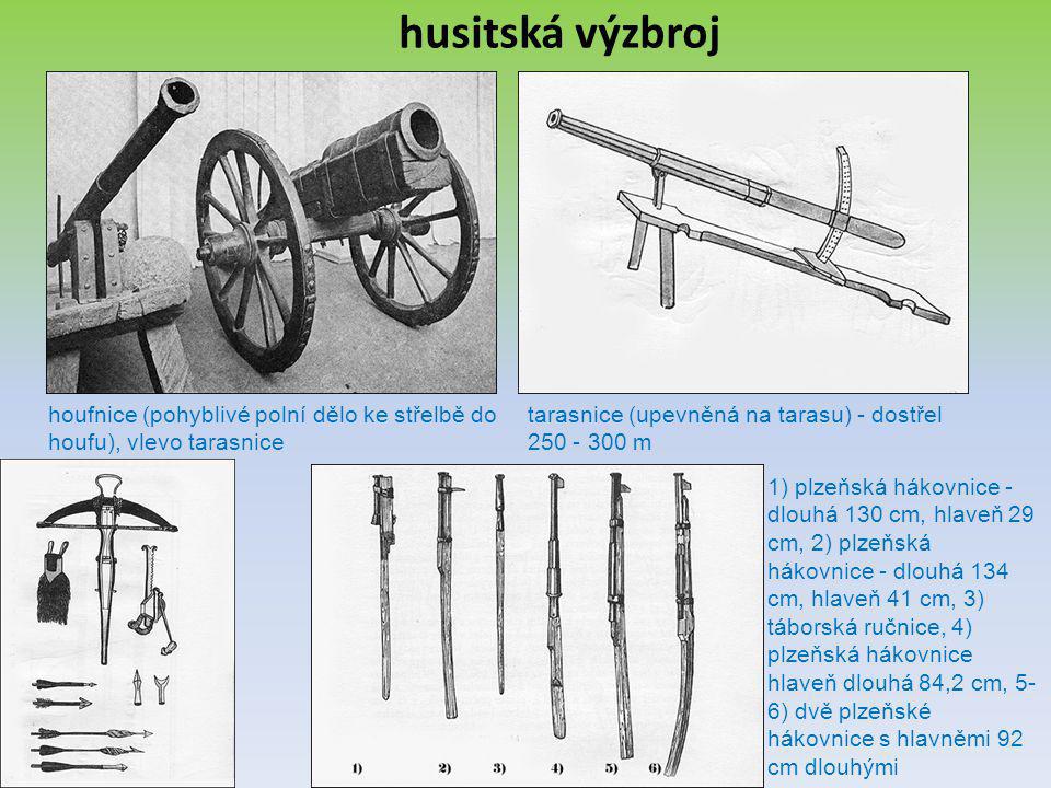 husitská výzbroj houfnice (pohyblivé polní dělo ke střelbě do houfu), vlevo tarasnice. tarasnice (upevněná na tarasu) - dostřel m.