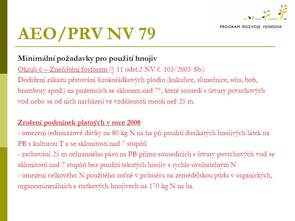 AEO/PRV NV 79 Minimální požadavky pro použití hnojiv