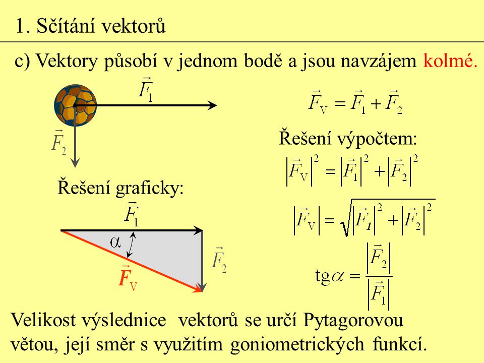 1. Sčítání vektorů c) Vektory působí v jednom bodě a jsou navzájem kolmé. Řešení výpočtem: Řešení graficky: