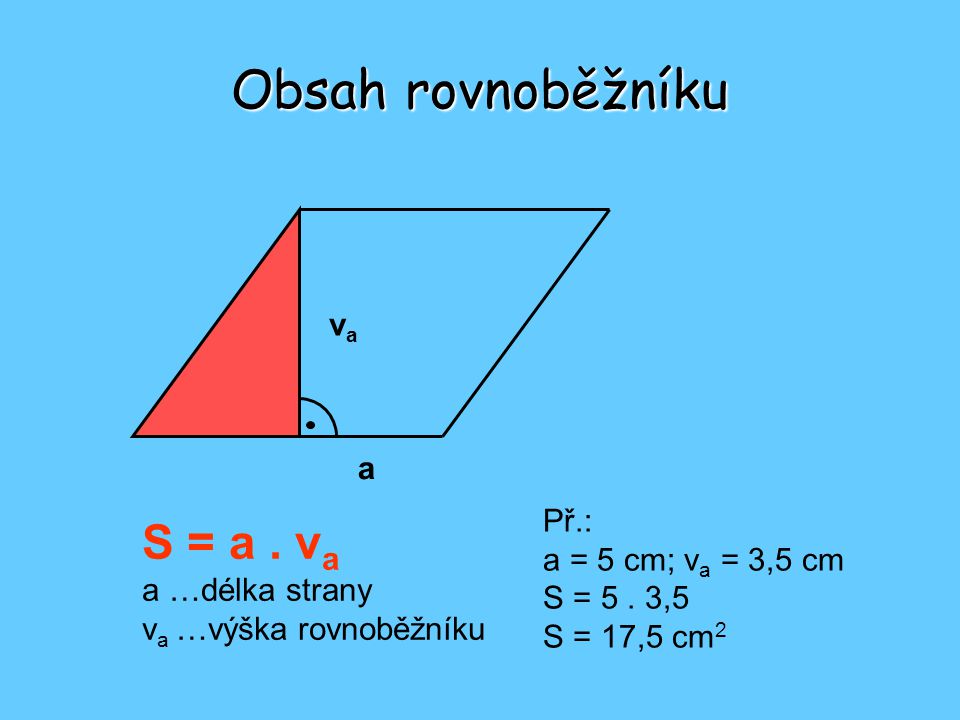 Obsah rovnoběžníku S = a . va va a Př.: a = 5 cm; va = 3,5 cm