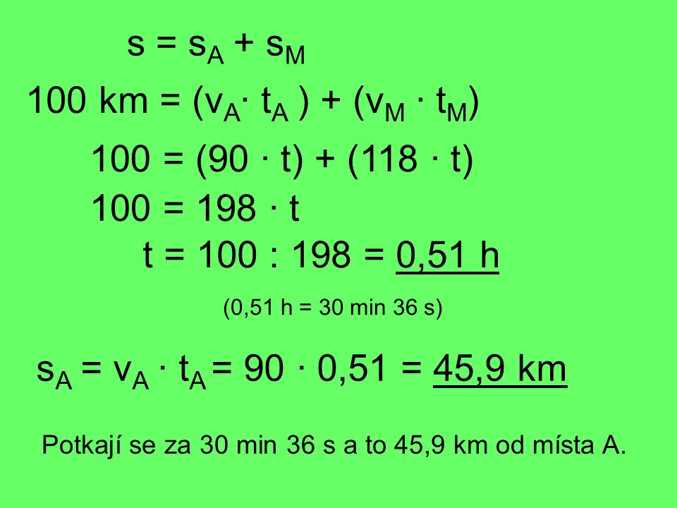 s = sA + sM 100 km = (vA· tA ) + (vM · tM) 100 = (90 · t) + (118 · t)