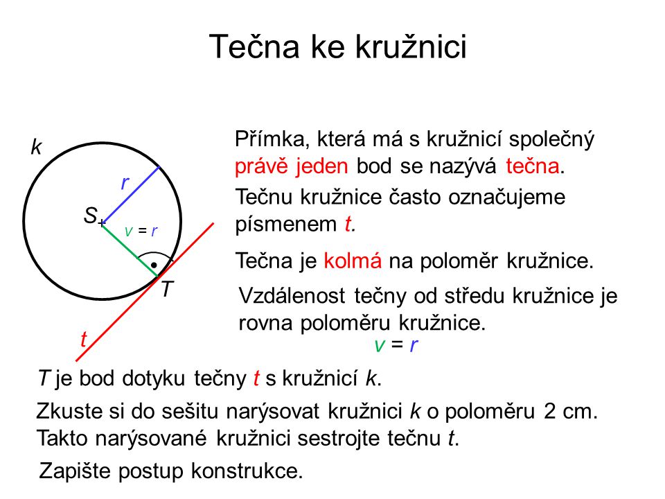 Tečna ke kružnici Přímka, která má s kružnicí společný právě jeden bod se nazývá tečna. k. r. Tečnu kružnice často označujeme písmenem t.