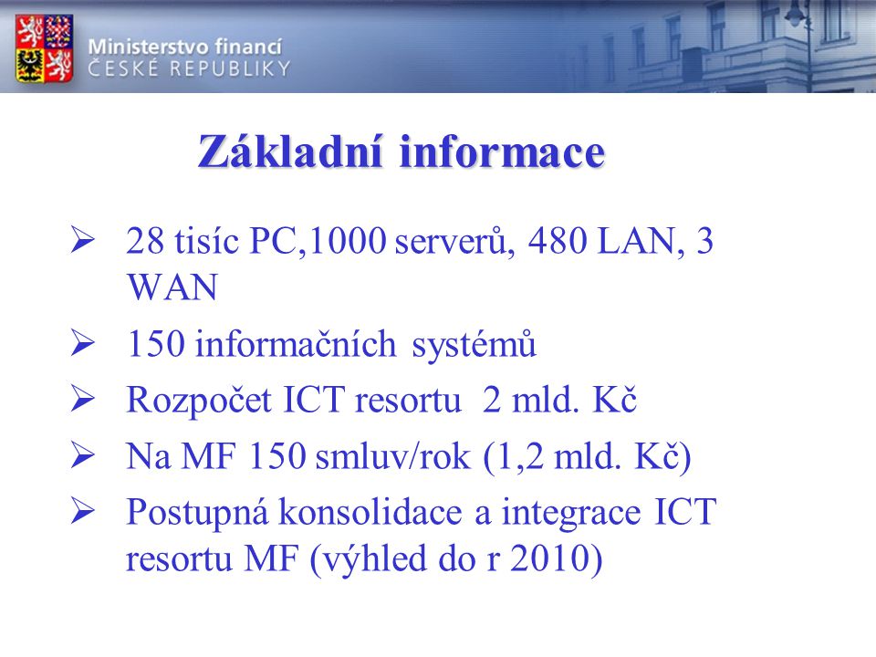 Základní informace 28 tisíc PC,1000 serverů, 480 LAN, 3 WAN