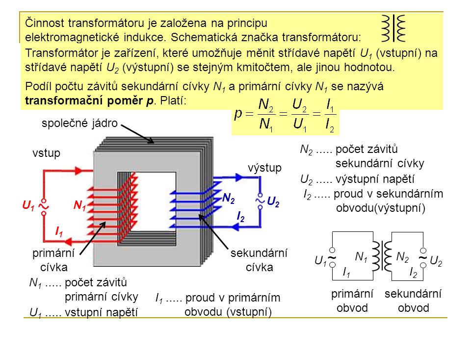 Činnost transformátoru je založena na principu elektromagnetické indukce. Schematická značka transformátoru: