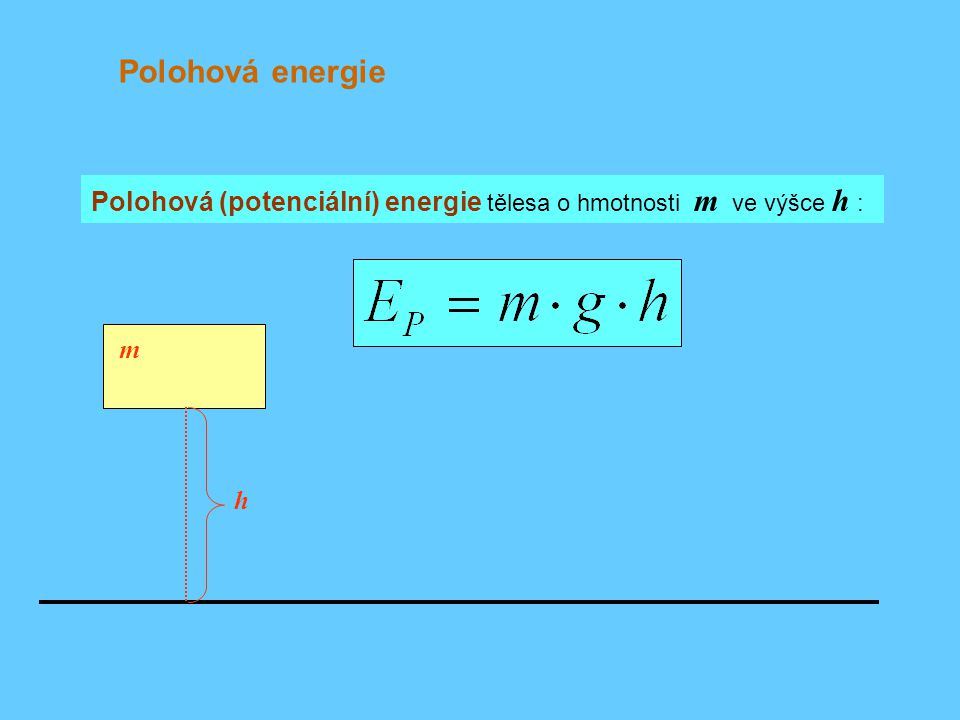 Polohová energie Polohová (potenciální) energie tělesa o hmotnosti m ve výšce h : m h