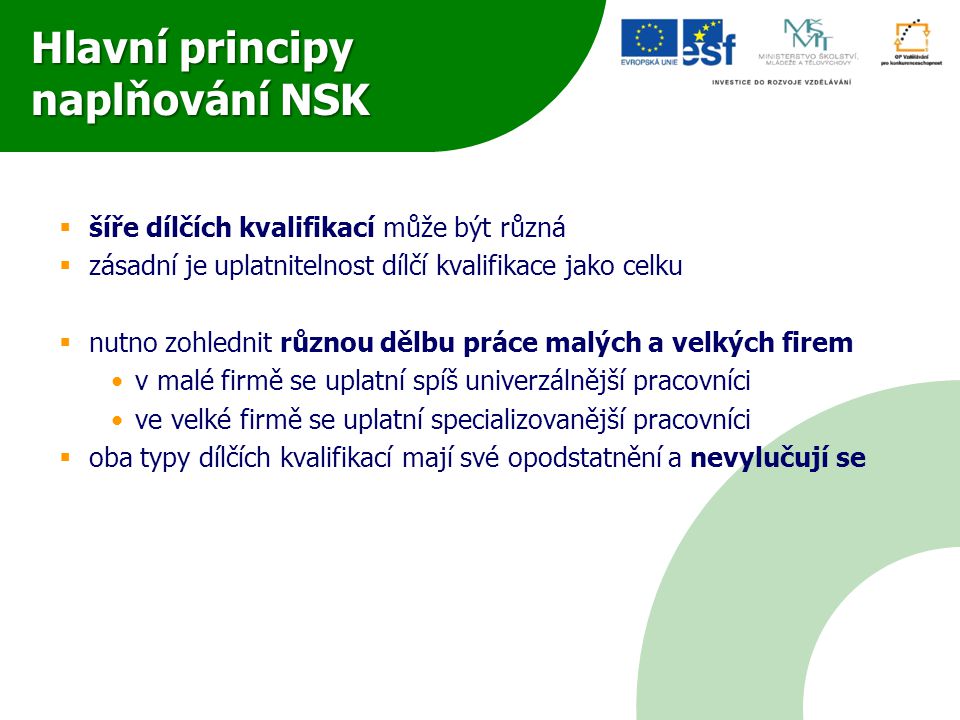 Hlavní principy naplňování NSK