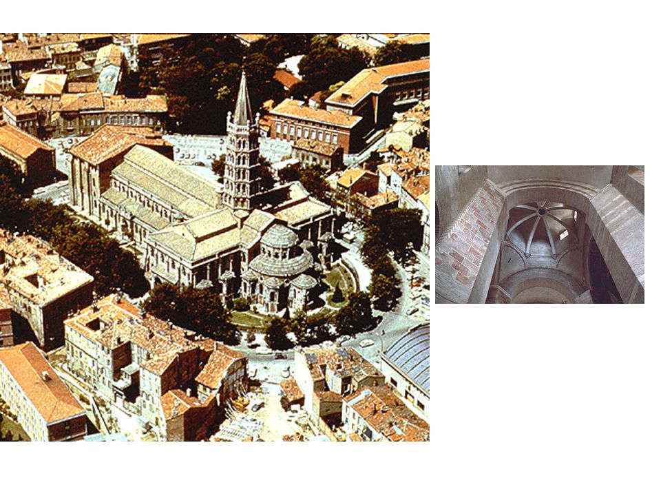 Křížení lodí St Sernin: letecký pohled na katedrálu Tamtéž, pohled z interiéru