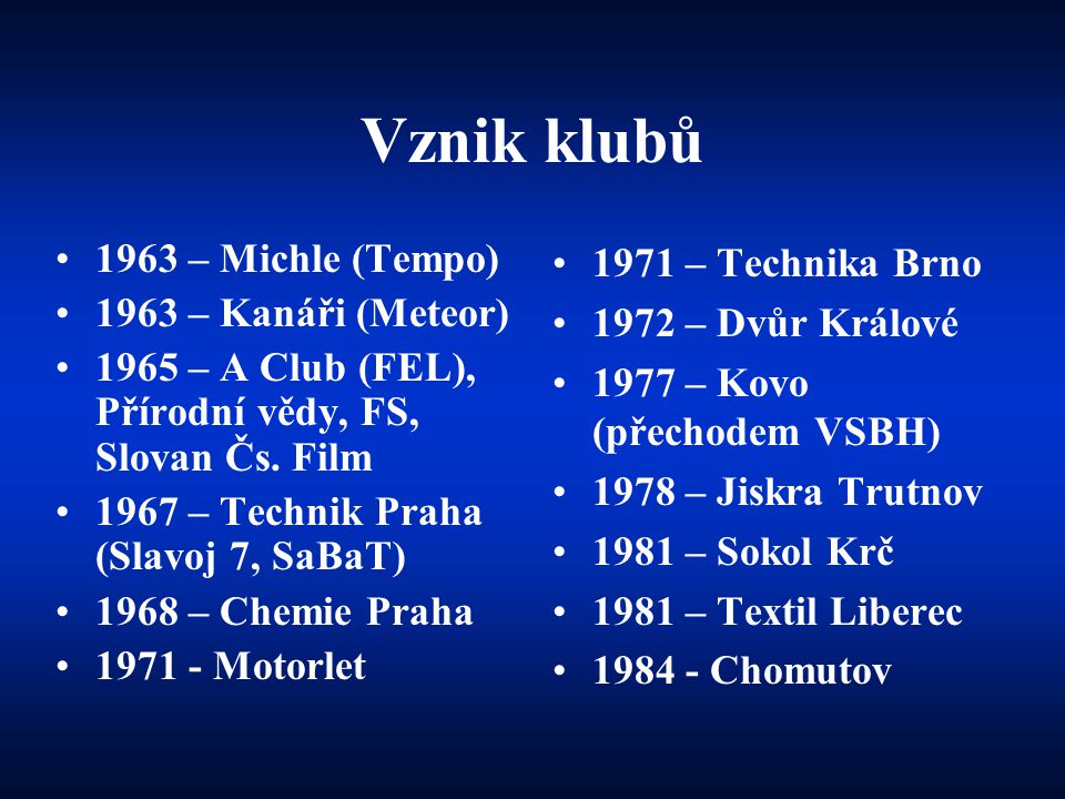 Vznik klubů 1963 – Michle (Tempo) 1963 – Kanáři (Meteor)