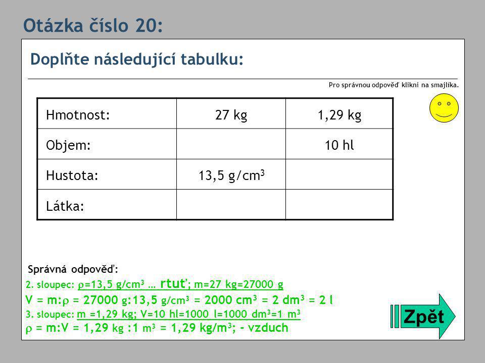 Otázka číslo 20: Zpět Doplňte následující tabulku: Hmotnost: 27 kg