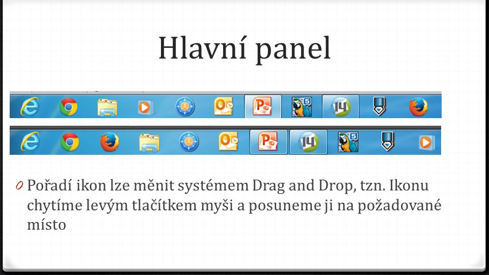 Hlavní panel Pořadí ikon lze měnit systémem Drag and Drop, tzn.