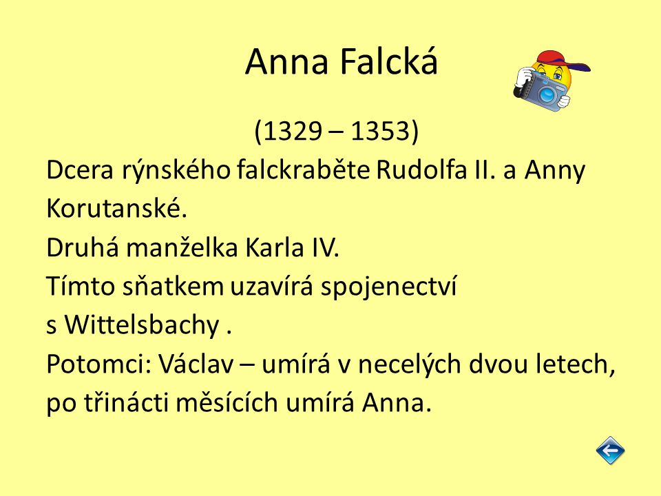 Anna Falcká (1329 – 1353) Dcera rýnského falckraběte Rudolfa II. a Anny. Korutanské. Druhá manželka Karla IV.