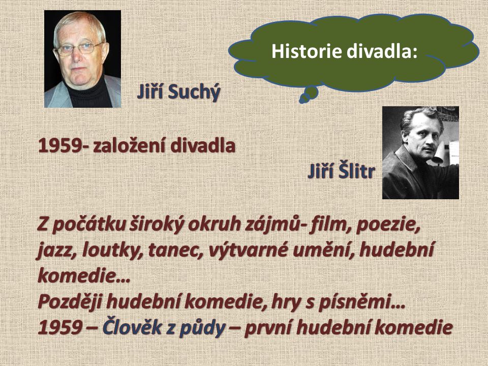 Historie divadla: Jiří Suchý založení divadla. Jiří Šlitr.