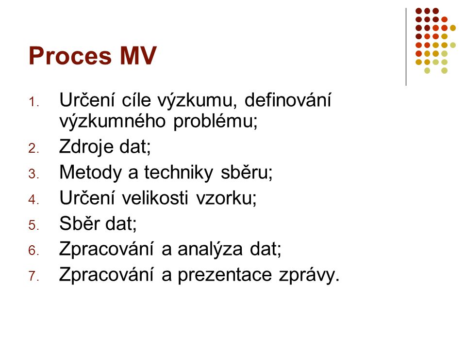 Proces MV Určení cíle výzkumu, definování výzkumného problému;