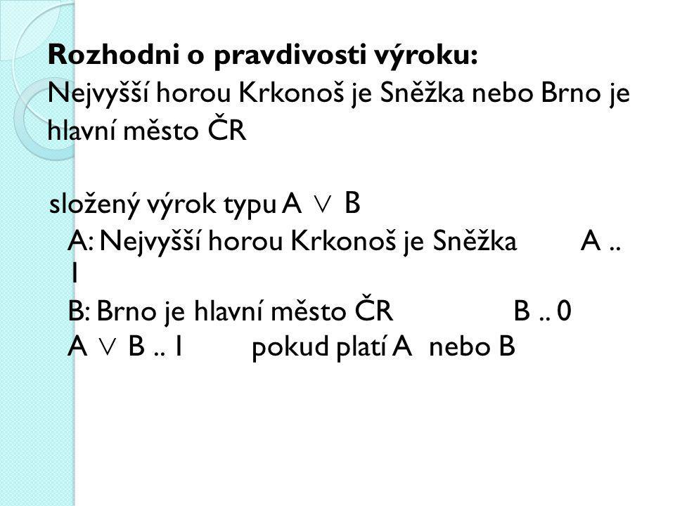 Rozhodni o pravdivosti výroku: Nejvyšší horou Krkonoš je Sněžka nebo Brno je hlavní město ČR složený výrok typu A ∨ B A: Nejvyšší horou Krkonoš je Sněžka A ..