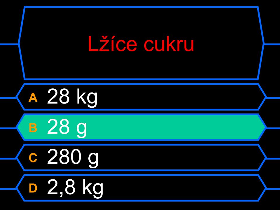 Lžíce cukru A 28 kg B 28 g C 280 g D 2,8 kg