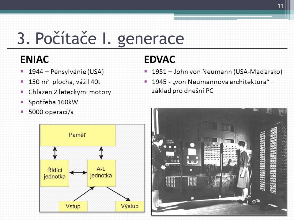 3. Počítače I. generace ENIAC EDVAC 1944 – Pensylvánie (USA)