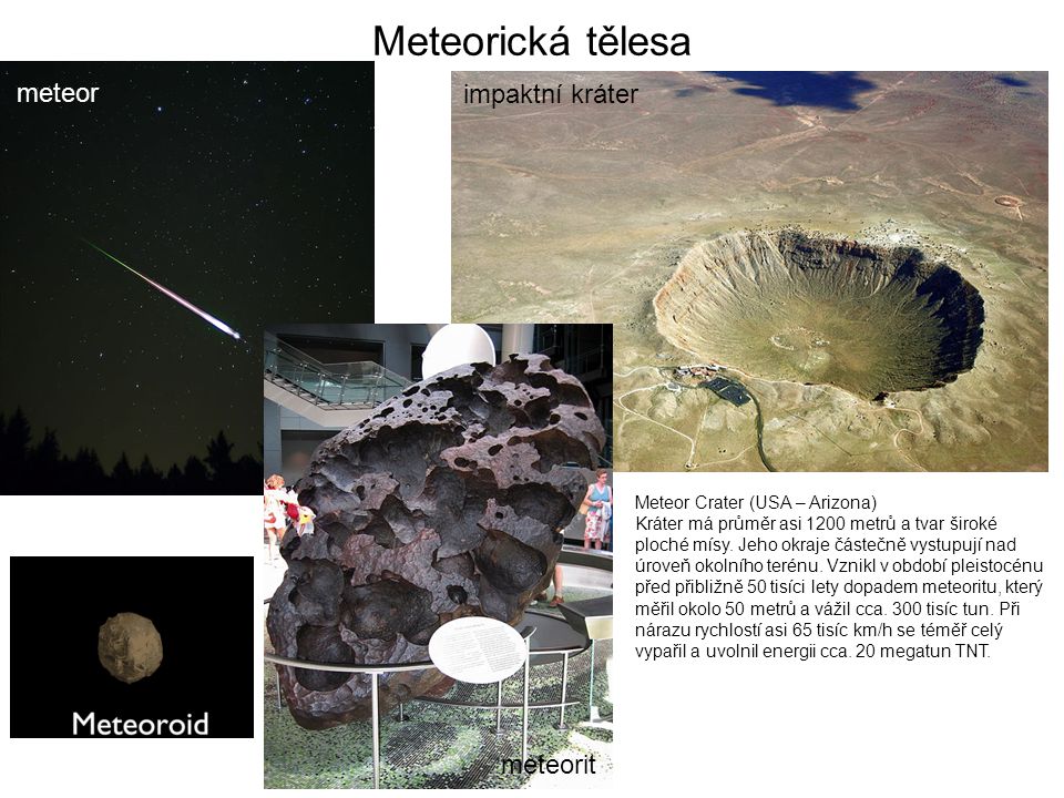 Meteorická tělesa meteor impaktní kráter meteorit