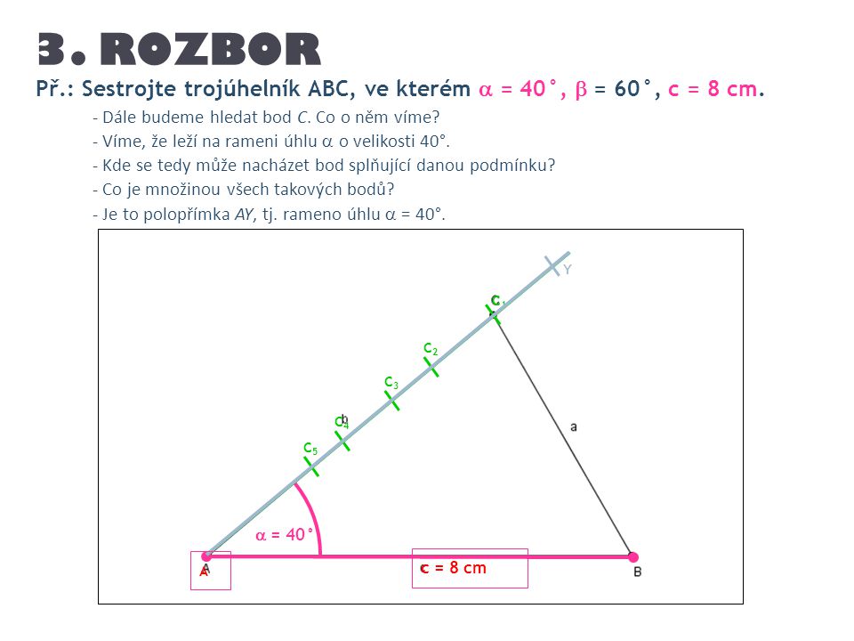 3. ROZBOR Př.: Sestrojte trojúhelník ABC, ve kterém  = 40°,  = 60°, c = 8 cm. - Dále budeme hledat bod C. Co o něm víme