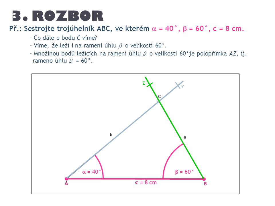 3. ROZBOR Př.: Sestrojte trojúhelník ABC, ve kterém  = 40°,  = 60°, c = 8 cm. - Co dále o bodu C víme