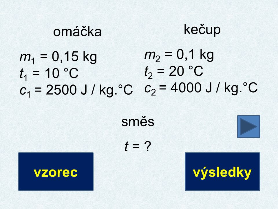 kečup m2 = 0,1 kg. t2 = 20 °C. c2 = 4000 J / kg.°C. omáčka. m1 = 0,15 kg. t1 = 10 °C. c1 = 2500 J / kg.°C.