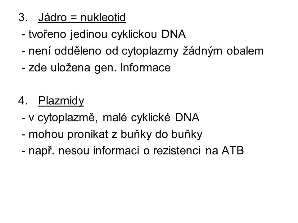 Jádro = nukleotid - tvořeno jedinou cyklickou DNA. - není odděleno od cytoplazmy žádným obalem. - zde uložena gen. Informace.
