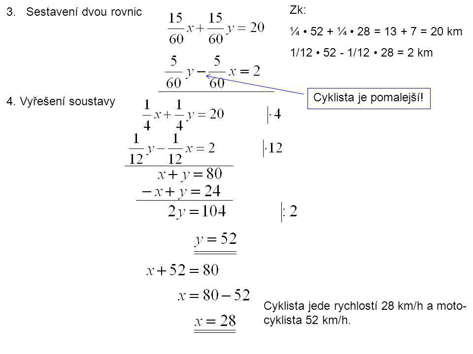 3. Sestavení dvou rovnic Zk: ¼ • 52 + ¼ • 28 = = 20 km. 1/12 • /12 • 28 = 2 km. Cyklista je pomalejší!