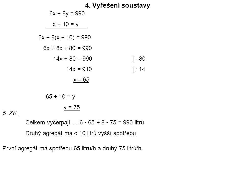 4. Vyřešení soustavy 6x + 8y = 990 x + 10 = y 6x + 8(x + 10) = 990