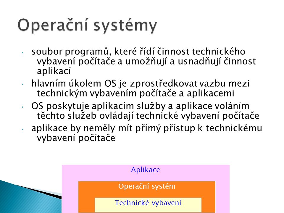 Operační systémy soubor programů, které řídí činnost technického vybavení počítače a umožňují a usnadňují činnost aplikací.