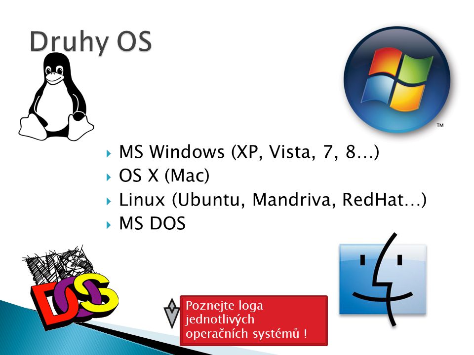 Druhy OS MS Windows (XP, Vista, 7, 8…) OS X (Mac)