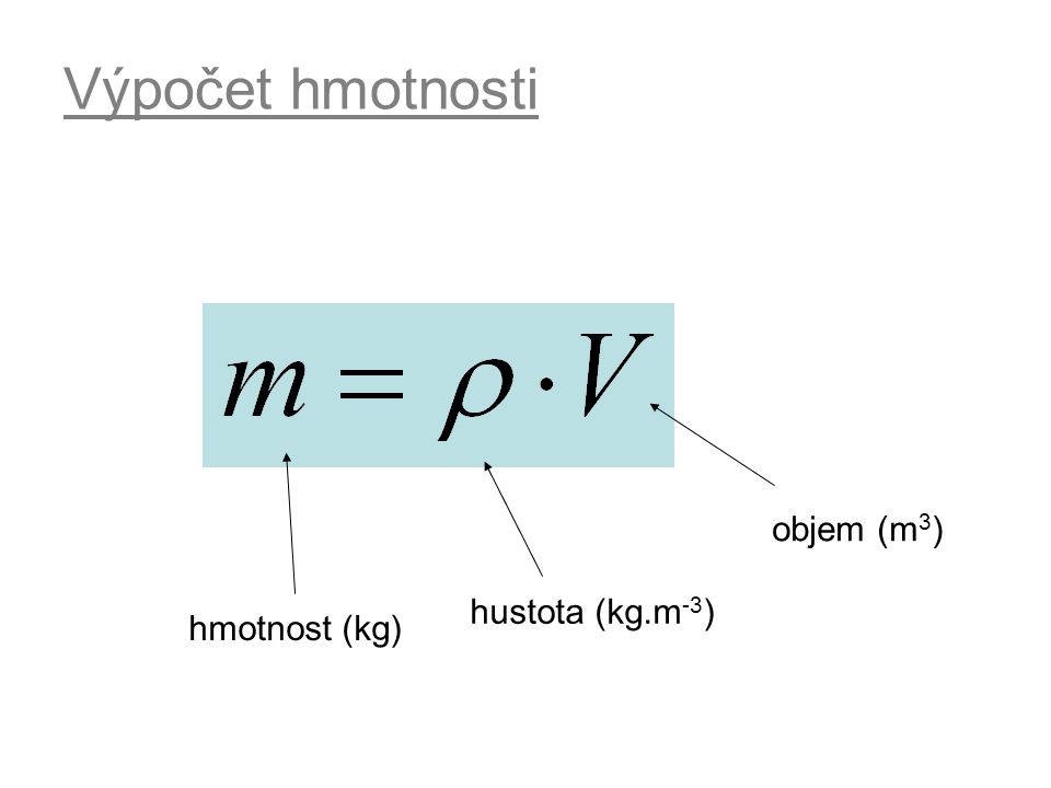 Výpočet hmotnosti objem (m3) hustota (kg.m-3) hmotnost (kg)