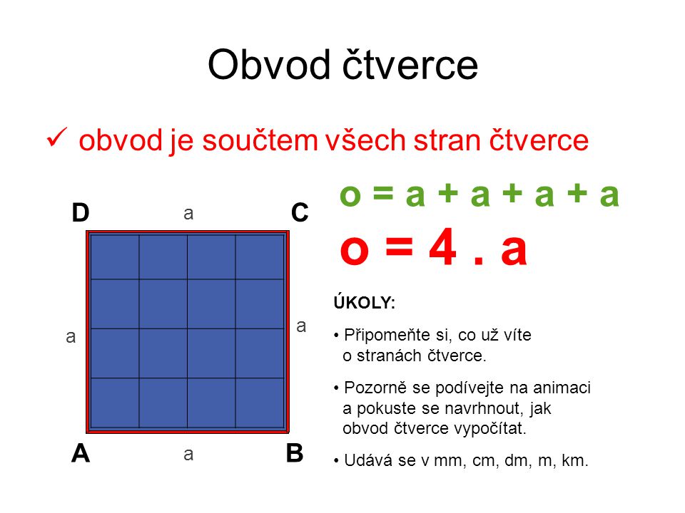 Obvod čtverce o = a + a + a + a o = 4 . a