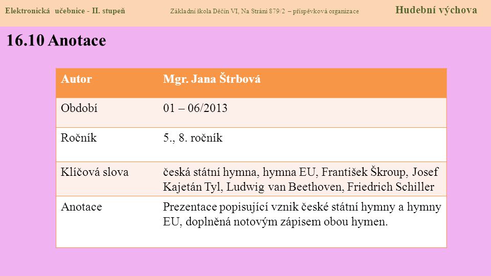 16.10 Anotace Autor Mgr. Jana Štrbová Období 01 – 06/2013 Ročník
