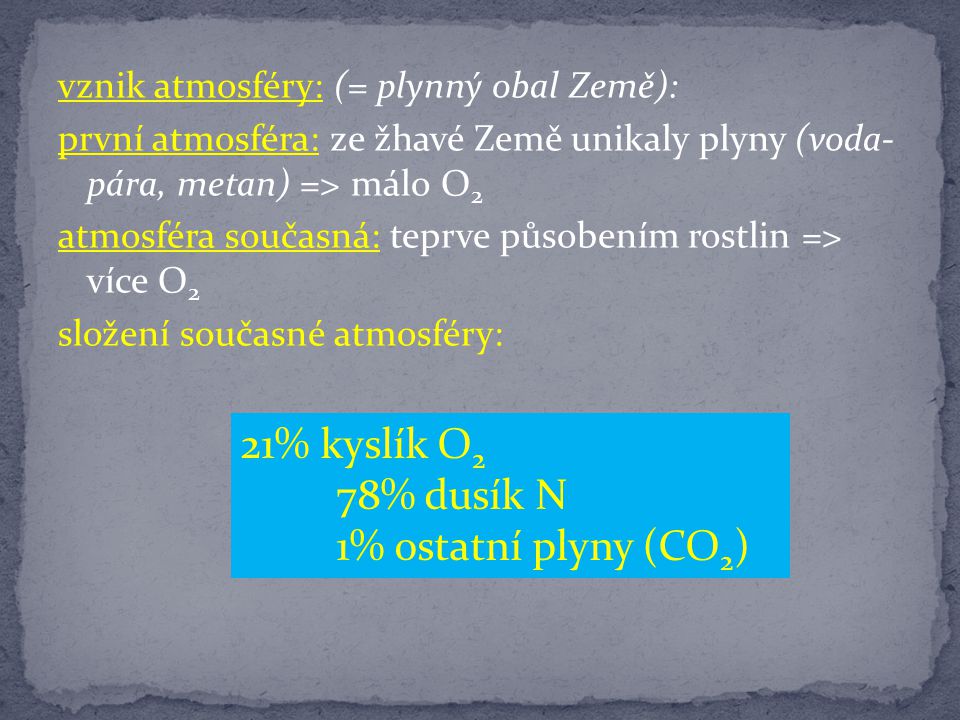 21% kyslík O2 78% dusík N 1% ostatní plyny (CO2)