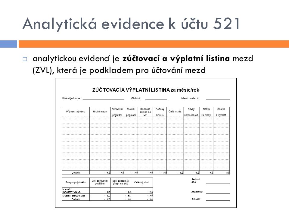 Analytická evidence k účtu 521