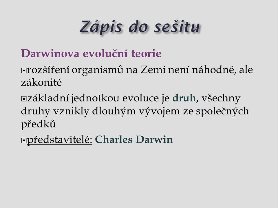Zápis do sešitu Darwinova evoluční teorie