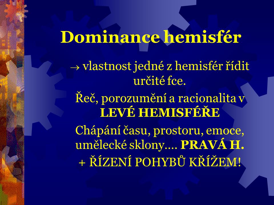 Dominance hemisfér vlastnost jedné z hemisfér řídit určité fce.