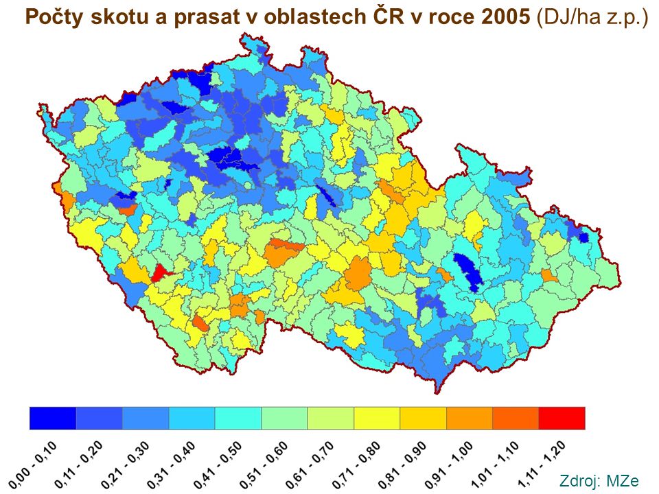 Počty skotu a prasat v oblastech ČR v roce 2005 (DJ/ha z.p.)