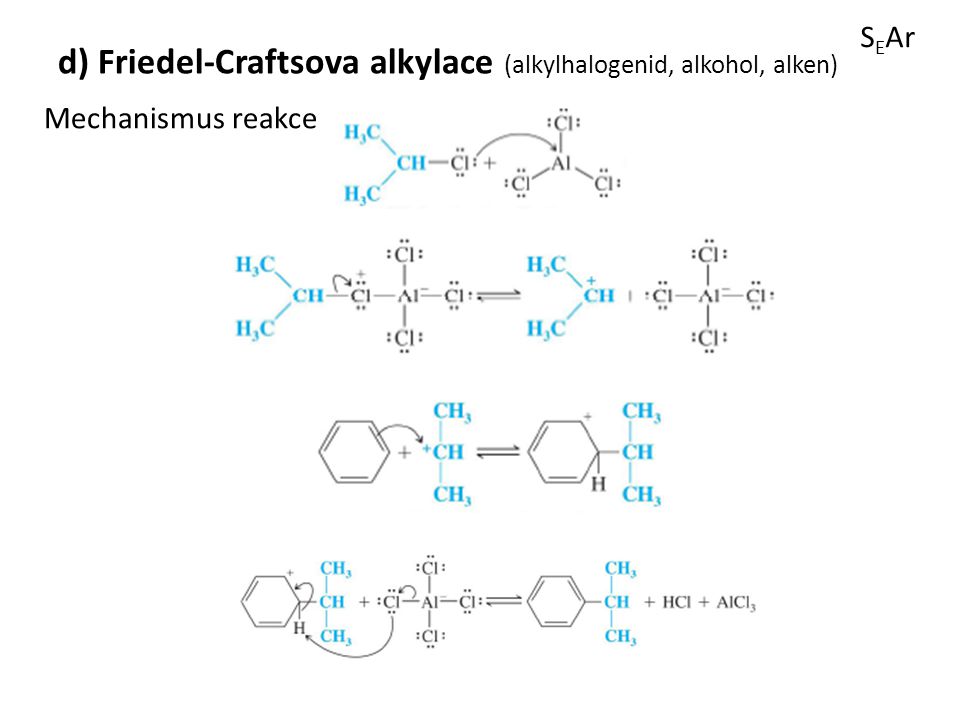 d) Friedel-Craftsova alkylace (alkylhalogenid, alkohol, alken)