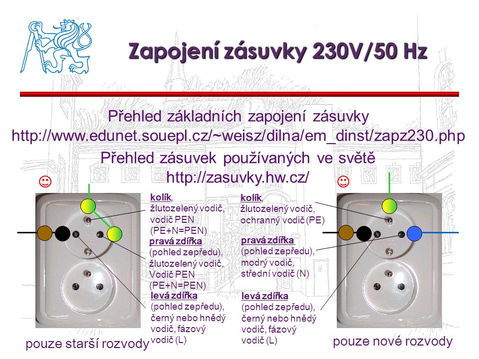 Zapojení zásuvky 230V/50 Hz Přehled základních zapojení zásuvky