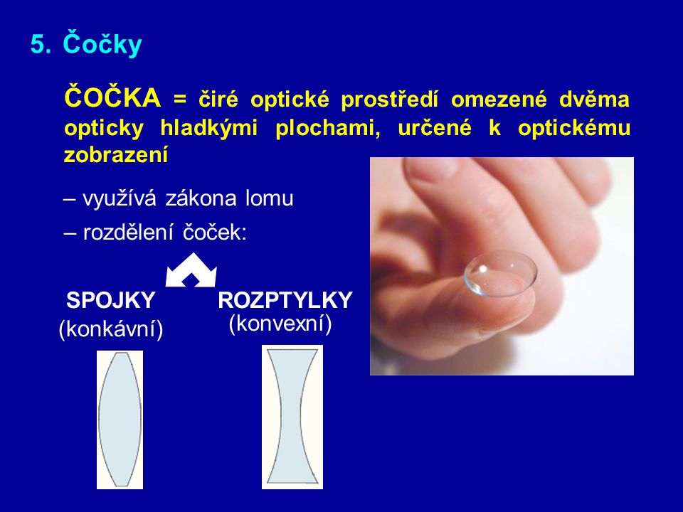 5. Čočky ČOČKA = čiré optické prostředí omezené dvěma opticky hladkými plochami, určené k optickému zobrazení.