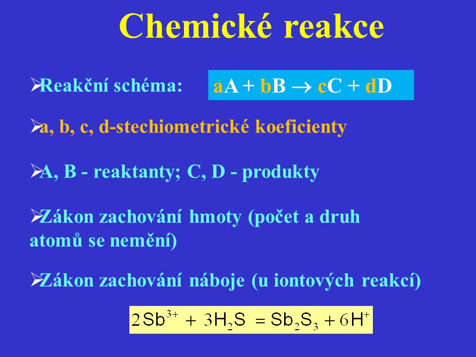 Chemické reakce aA + bB  cC + dD Reakční schéma: