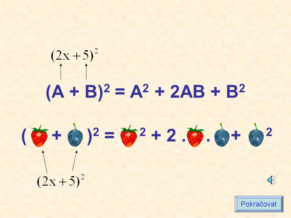 (A + B)2 = A2 + 2AB + B2 ( + )2 = Pokračovat