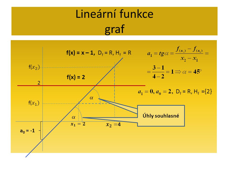 Lineární funkce graf f(x) = x – 1, Df = R, Hf = R f(x) = 2 f( 𝑥 2 ) 2