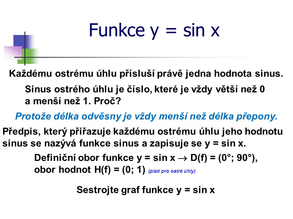 Funkce y = sin x Každému ostrému úhlu přísluší právě jedna hodnota sinus.