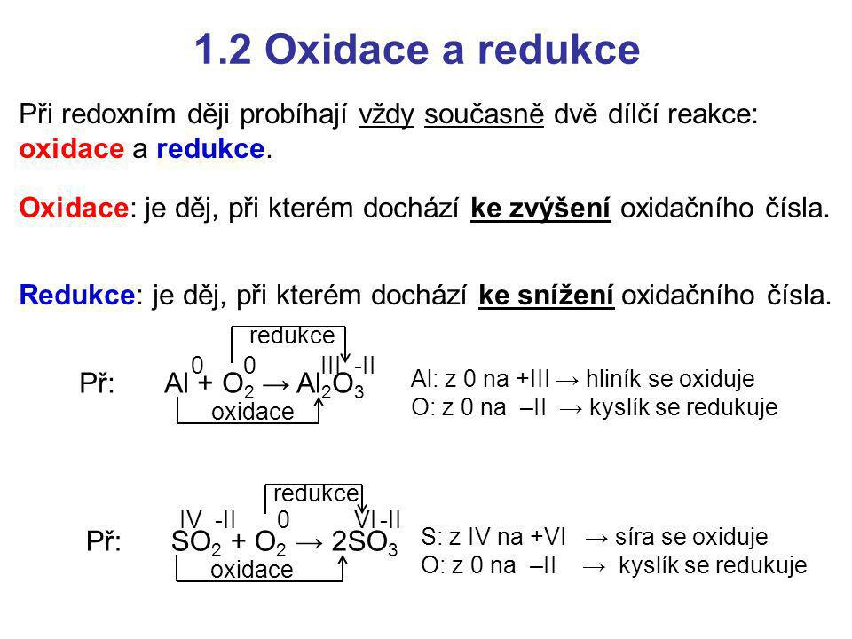 1.2 Oxidace a redukce Při redoxním ději probíhají vždy současně dvě dílčí reakce: oxidace a redukce.