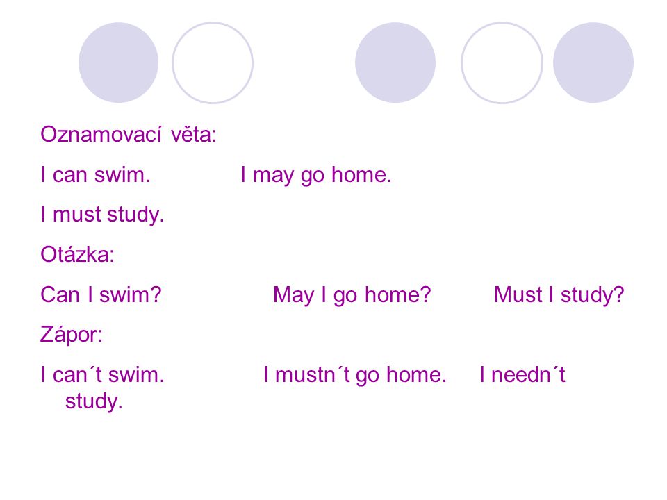 Oznamovací věta: I can swim. I may go home. I must study. Otázka: Can I swim May I go home Must I study