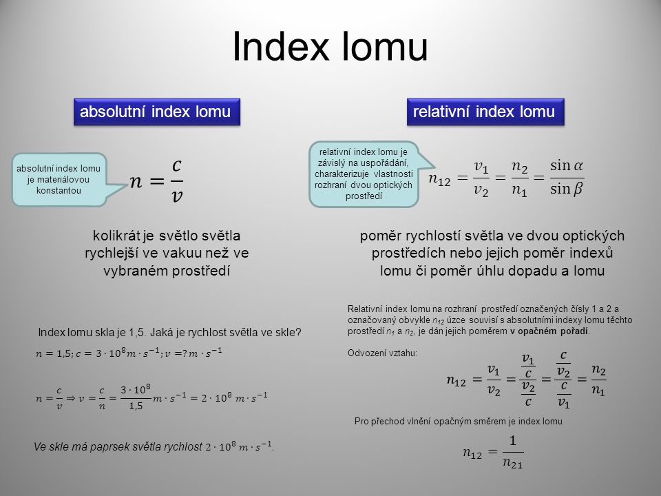 Index lomu 𝑛= 𝑐 𝑣 absolutní index lomu relativní index lomu
