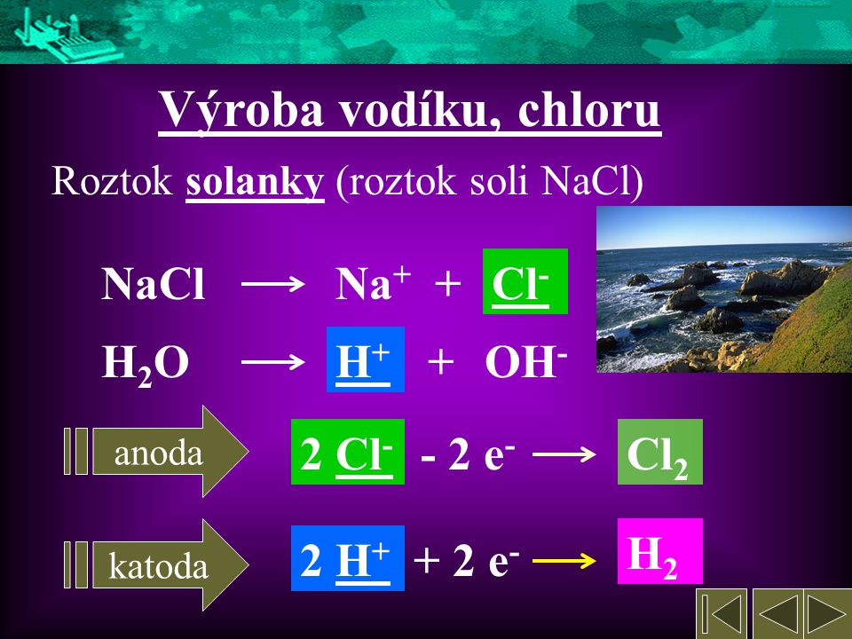 Výroba vodíku, chloru NaCl Na+ + Cl- H2O H+ + OH- 2 Cl- - 2 e- Cl2 H2